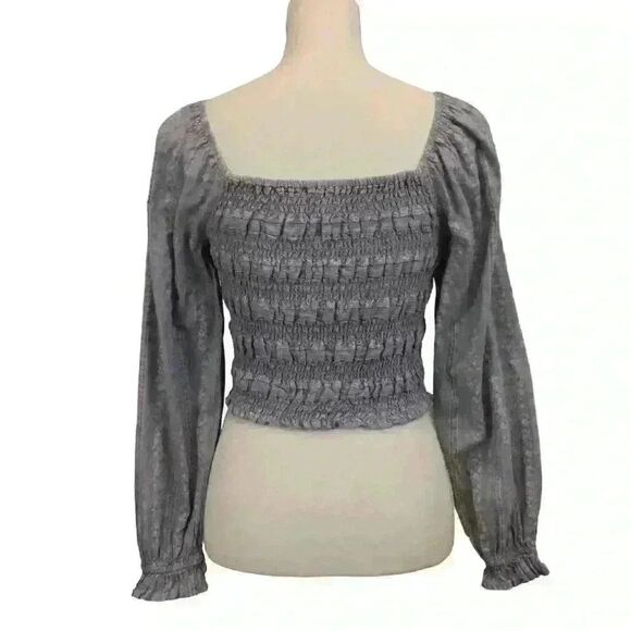 American Eagle Light Blue Floral Blouse Ruched Bodice Long Sleeves Size XS - Picture 5 of 8